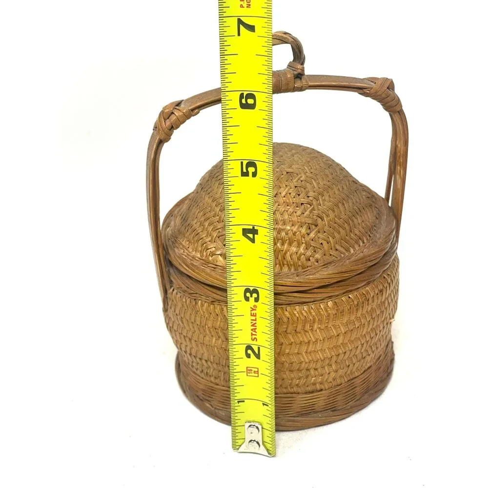 Miniature Vintage Wedding Basket Bamboo Wicker Woven Asian Chinese w/Lid Antique
